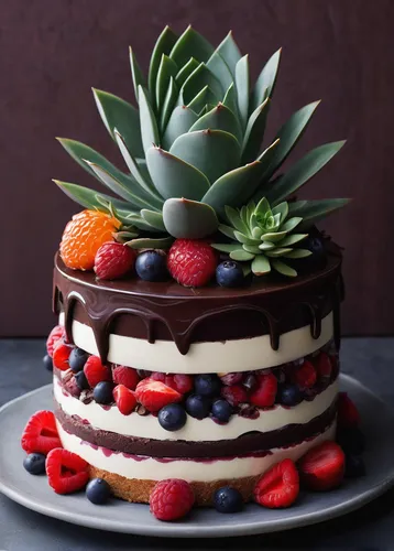 Imagine a decadent dessert made with rich chocolate, velvety cream, and layers of succulent fruit.,mixed fruit cake,fruit cake,strawberries cake,stack cake,black forest cake,chocolate layer cake,torte