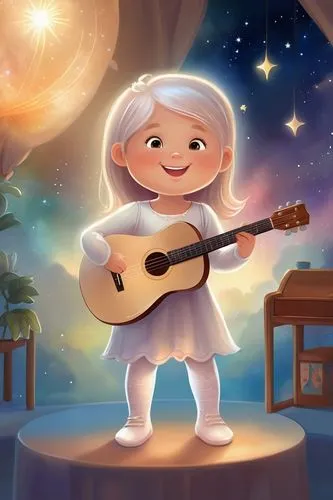 A cute 4-year-old girl, standing on a stage and playing the guitar. wearing a long sleeve dress and white tights,classical guitar,miguel of coco,serenade,ukulele,kids illustration,playing the guitar,a