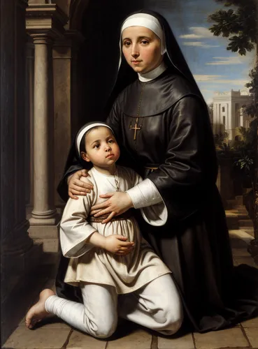 Classical painting, dominican nun kneeling, baby, by murillo, by velazquez, by claudio coello,carmelite order,saint therese of lisieux,holy family,saint ildefonso,carthusian,portrait of christi,father