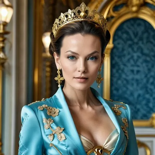 Jeune femme de 37 ans brune aux yeux bleus clairs, aux traits fins de Carole Bouquet, en corset doré et jupe courte dorée avec un voile doré sur les cheveux dans Versailles. Elle est coiffée d’un diad