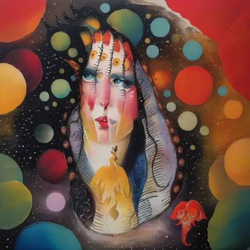 psychedelic art,oil painting on canvas,praying woman,mystical portrait of a girl,oil on canvas,girl in a wreath,woman thinking,oil painting,dali,cosmic eye,art painting,astral traveler,carol colman,woman praying,star mother,shamanic,inner space,woman holding pie,mother earth,girl in a long,Illustration,Paper based,Paper Based 04