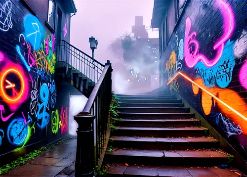 Illusionistic scenery, dreamy atmosphere, misty fog, shimmering lights, staircase to nowhere, melting clock, distorted proportions, vibrant colors, soft focus, shallow depth of field, cinematic compos