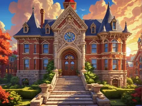 Historic Ut Kn oxville building, American Victorian style, intricate stone carvings, ornate wooden doors, stained glass windows, steeply pitched roof, multiple chimneys, clock tower, vibrant red brick