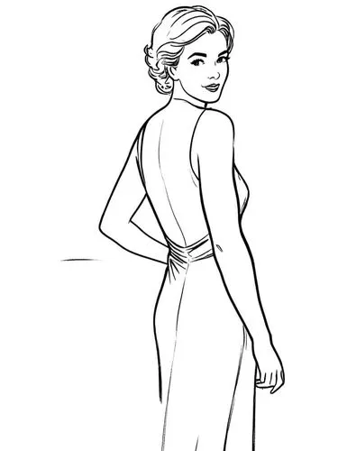 eveningwear,rotoscoped,girl in a long dress from the back,fashion sketch,shoulder length,bodices,Design Sketch,Design Sketch,Rough Outline