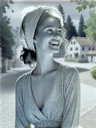 B&W photo of a nice smiling village beauty in 1900,the woman is wearing a towel to dry her hair,ingrid bergman,madhubala,sherine,nazimova,colorization,farrokhzad,Photography,Black and white photograph