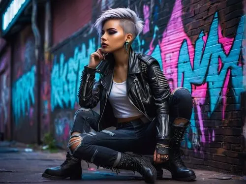 leather jacket,punk,leather,mohawk,femme fatale,black leather,leather boots,toni,grunge,denim jacket,cyberpunk,jean jacket,alleyway,pompadour,neon lights,brick wall background,bolero jacket,jacket,colorful background,lis,Photography,Documentary Photography,Documentary Photography 38