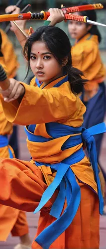 A girl practices Vovinam, a Vietnamese martial art of self-defense, with swords and sticks at St. Maaz High School in Hyderabad, India, on March 5. The school was preparing for an upcoming Internation