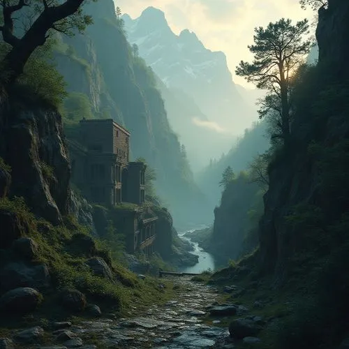 Mountainous scenery, rugged terrain, steep cliffs, misty atmosphere, foggy valleys, twisted tree trunks, worn stone paths, abandoned mine shafts, rusty railings, overgrown ruins, eerie silence, mystic