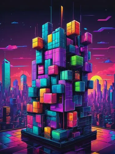 Tetris doodle, colorful blocks, 3D pixel art, low poly, bright neon lights, futuristic cyberpunk background, cityscape at dusk, skyscraper, holographic display, glitch effects, retro arcade machine, j