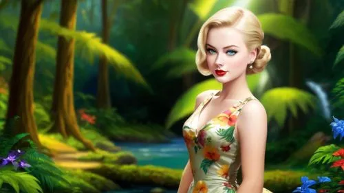 Romantic masterpiece oil painting, beautiful girl portrait, nostalgic 1950's style kitsch, vibrant rainforest landscape, lush tropical jungle paradise, beautiful natural scenery, lost wilderness cotta