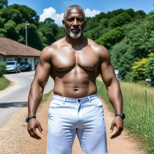 a man posing shirtless on a road,ikechukwu,rajendran,nudelman,holyfield,musclebound,bufferin,african american male,physiques,muscle man,okechukwu,adebayo,tunji,haysbert,african man,oenomaus,body build