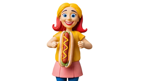 Hot dog, cartoon style, yellow mustard, ketchup, relish, sesame seeds, soft bun, crispy texture, playful expression, cute eyes, smiling mouth, holding in hands, casual posture, vibrant colors, whimsic