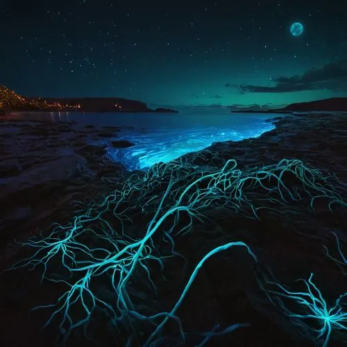 bioluminescence,dark beach,neurons,neural pathways,tide pool,sea night,luminescence,light trail,emerald sea,long exposure light,light paint,nerve cell,glow in the dark paint,ocean floor,sea-life,deep sea,phosphorus,jellyfishes,kelp,seaweed,Conceptual Art,Fantasy,Fantasy 14