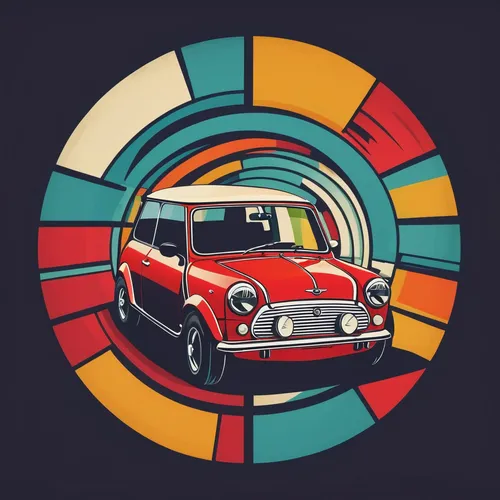 Design a retro-themed Mini Cooper logo in a vibrant and joyful mood.,abstract retro,trabant,retro automobile,retro car,car icon,mini cooper,fiat 600,2cv,fiat 500 giardiniera,retro vehicle,retro backgr