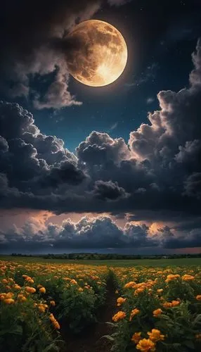 moonlit night,lunar landscape,moonlit,moonrise,moon photography,moon at night,moon in the clouds,flower field,moonscapes,full moon,blue moon rose,sunflower field,blooming field,blue moon,moonscape,dandelion field,super moon,moondance,hanging moon,fantasy picture,Photography,General,Cinematic