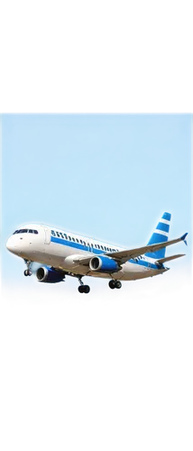 Commercial airliner, white and blue stripes, shiny metallic body, large wings, engines, cockpit windows, tail fin, landing gear, takeoff pose, morning sunlight, soft focus, panoramic view, 3/4 composi