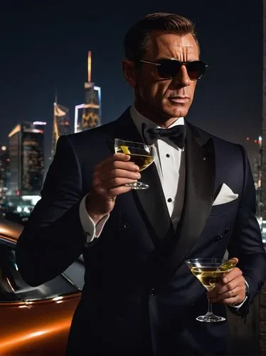 James Bond, AI agent, suit, tie, sunglasses, slicked back hair, muscular build, confident stance, holding a martini glass, Walther PPK pistol, sleek sports car, cityscape, nighttime, neon lights, skys