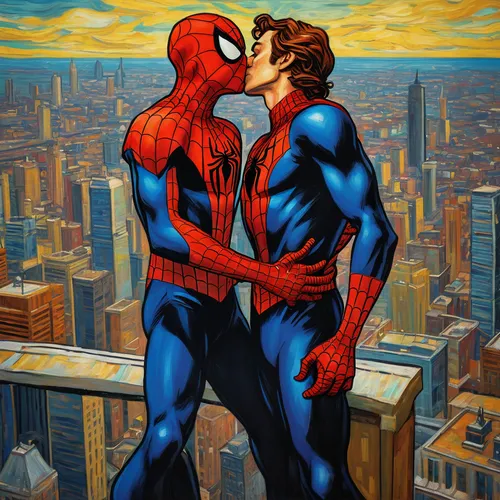 marvel comics,spiderman,gay love,spider-man,forbidden love,making out,amorous,romantic meeting,webbing,gay couple,first kiss,red and blue,marvels,spider network,connection,superhero background,comic books,spider man,cool pop art,intertwined,Art,Artistic Painting,Artistic Painting 03