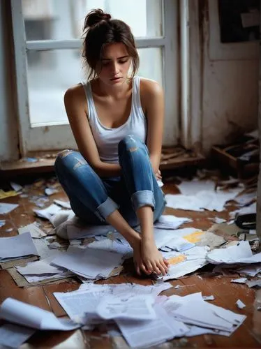 stressed woman,girl studying,depressed woman,anxiety disorder,correspondence courses,the girl studies press,paperwork,paper consumption,expenses management,girl at the computer,overthinking,self-abandonment,female alcoholism,annual financial statements,in a working environment,woman thinking,bookkeeping,todo-lists,overworked,to study,Conceptual Art,Oil color,Oil Color 03