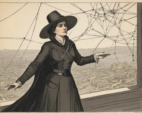 Carmen Aub as a vengeful spy seeking justice amidst a web of political intrigue.,vintage illustration,gasometer,high-wire artist,woman holding a smartphone,the victorian era,tightrope walker,advertisi