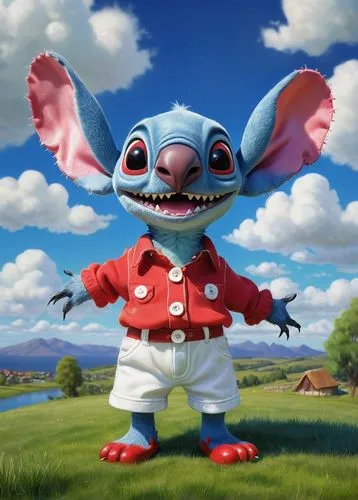 Realistic Stitch, cute cartoon character, blue eyes, big nose, smiling face, white gloves, red shorts with white buttons, big feet, standing, grassy lawn, sunny day, clear blue sky, fluffy white cloud