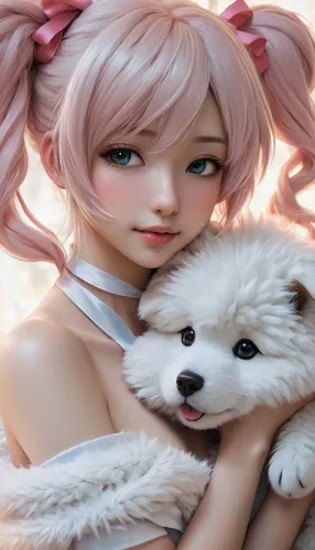 anime 3d,girl with dog,kawaii,samoyed,luka,pet,anime girl,pink background,kawaii animals,puppy pet,female doll,cute puppy,kitsune,kawaii pig,bichon frisé,japanese sakura background,bichon,dog and cat,petting,sakura blossom,Conceptual Art,Fantasy,Fantasy 11