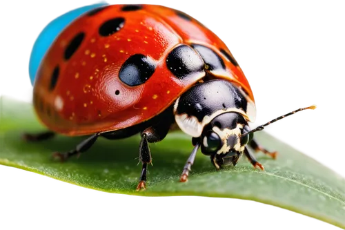 Ladybug, red shell, black spots, white wings, tiny legs, antennae, green leaves, flower petals, macro shot, extreme close-up, shallow depth of field, soft natural light, warm color tone, isolated on w