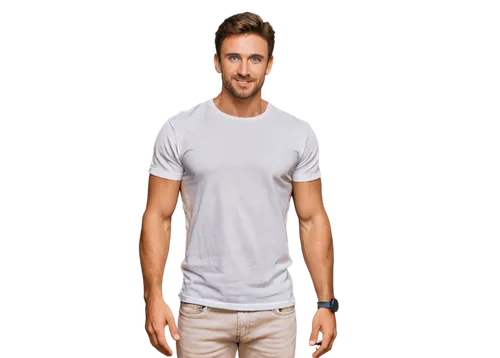 Muscular man, selfie pose, confident facial expression, short messy brown hair, strong jawline, bright blue eyes, slight beard, white T-shirt, casual denim jeans, sneakers, relaxed shoulders, slight s