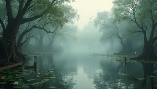 Wetland ecosystem, misty atmosphere, foggy morning, tranquil water reflection, lush greenery, mangrove trees, twisted roots, tangled vines, water lilies, lotus flowers, birds flying overhead, subtle r