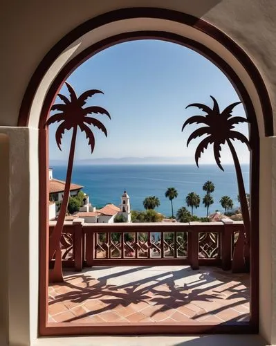 Santa Barbara architecture style, Spanish colonial, white stucco walls, red-tiled roofs, ornate wooden doors, wrought iron balconies, lush greenery, palm trees, bougainvillea vines, sunny day, soft wa