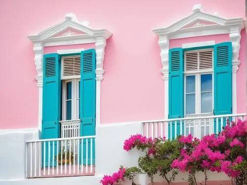 Bermuda architecture, pastel-colored buildings, white roofs, triangular facades, ornate balconies, wooden shutters, tropical palms, bright blue sky, puffy white clouds, sunny day, warm lighting, vibra