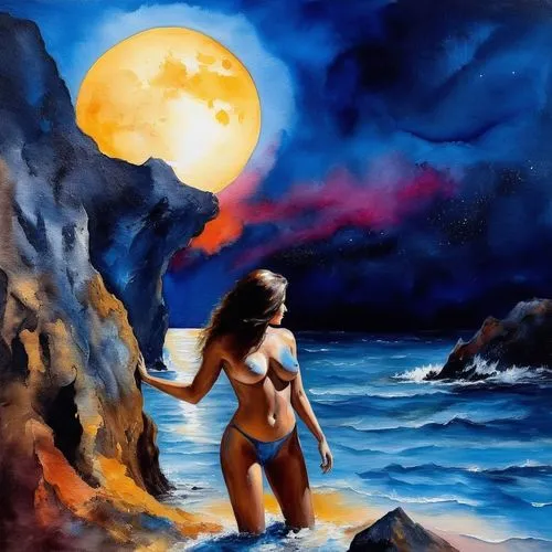 frazetta,inanna,themyscira,palmiotti,skyclad,barsoom,naiad,fantasy art,amphitrite,cave girl,corben,vishwamitra,kitana,fantasy woman,moonrise,fantasy picture,girl on the dune,moana,elfquest,blue moon,Illustration,Paper based,Paper Based 24