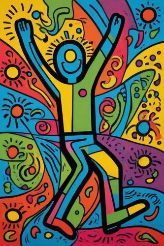 Keith Haring style, stick figure, colorful, bold lines, simplistic features, bright smile, raised arms, dancing pose, vibrant background, abstract shapes, swirling patterns, dynamic movement, playful 