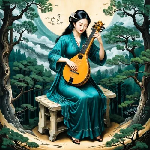 guqin,theorbo,woman playing,kuangyin,chansonnier,xueliang,Illustration,Black and White,Black and White 07