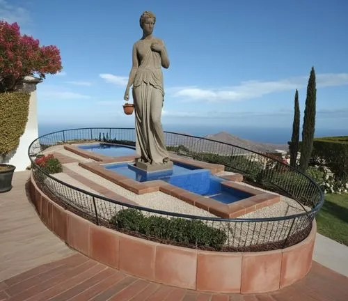 1. no sky
2. no trees
3. no water,an outdoor sculpture of a woman holding a pot,mother earth statue,roof top pool,statuesque,caryatid,terrazza,pregnant statue,stone pedestal,decorative fountains,garde