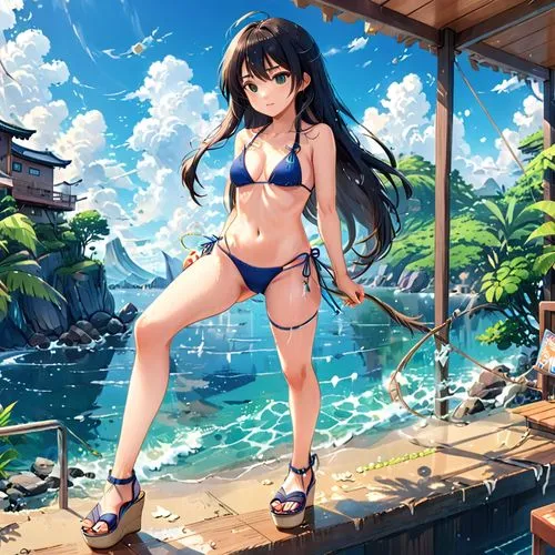 woman with long hair. she is wearing platform wedge sandals. She is adjusting the strings on her bikini,anime girl in bikini sitting on railing with ocean and cliff in background,mai,summer background