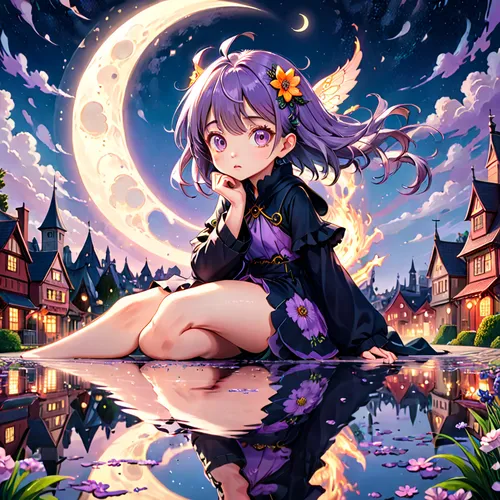 rem in arabian nights,moonlit,moonlit night,purple moon,acerola,moonlight,luna,starry sky,violet,halloween wallpaper,halloween background,psychic vampire,piko,halloween witch,moon and star background,magical,moon shine,lunar,moon night,purple wallpaper,Anime,Anime,General