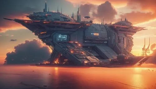 Future building in future city, sunset time, lighting in the building ,metallic color, golden,a futuristic city on the edge of a large body of water,dreadnought,battlecruisers,megaships,dreadnaught,ca