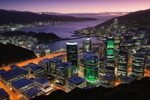 Wellington cityscape, modern skyscrapers, sleek glass buildings, bustling streets, futuristic transportation systems, advanced network infrastructure, high-tech servers, routers, modems, fiber optic c