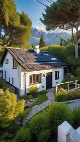 The roof and walls of the bungalow are covered in white plaster. black window frames. mountain at the background, surrounded by shrubbery and trees ,eco-construction,mid century house,smart house,mode