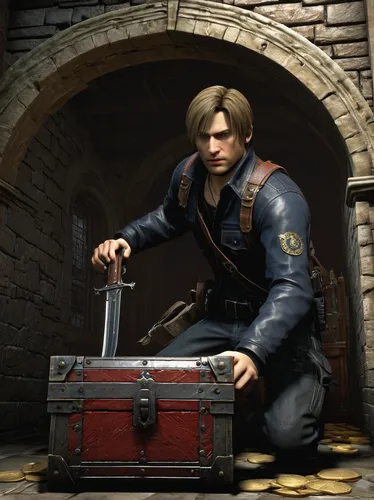 video game, Resident Evil 4 Remake, treasures, inventory, collectibles, character Leon S. Kennedy, action pose, holding weapon, detailed textures, realistic materials, atmospheric lighting, survival h