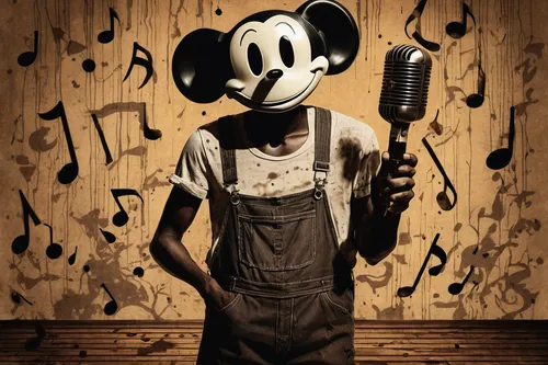 cartoon character, Sammy Lawrence, Bendy and the Ink Machine, ink-stained overalls, menacing pose, half-face mask, dripping ink effect, sepia tones, vintage microphone, music notes, abandoned animatio