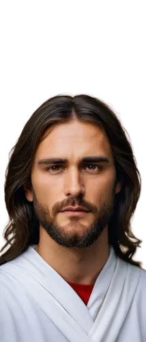 Jesus Christ, holy, serene, gentle eyes, beard, long brown hair, white robes, golden halo, crucifixion scene, sorrowful expression, thin face, wispy eyebrows, subtle smile, soft focus, warm color tone