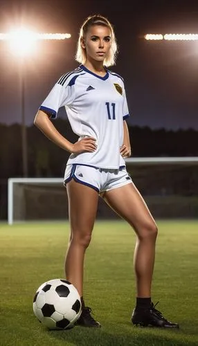 young women Wearing a women's soccer uniform, a crop top and white nylon shorts. Standing on the field near the soccer ball With the most sexy pose At night there are spotlights shining from the field