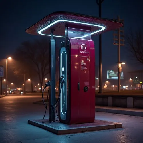 Burgundy color, modern charging station, sleek metal structure, glass top, LED lights, curved lines, futuristic design, cityscape, urban area, night scene, streetlights, pavement, concrete floor, dyna