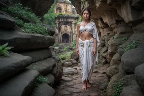 full body portrait, (a beautiful latin woman), in white rags, wide hips, thick thighs, in ellora caves, professional photography, Documental photography, fine details, shot with a Zeiss Otus 55 mm len