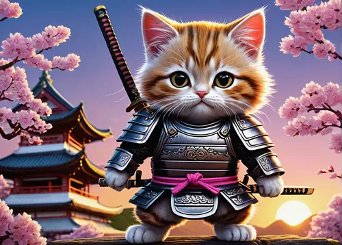 cat warrior,samurai,samurai fighter,blossom kitten,japanese sakura background,cartoon cat,cat kawaii,cute cat,goki,chinese pastoral cat,pink cat,lone warrior,katana,swordsman,kung fu,cute cartoon character,sensei,ninjago,tiger cat,dobok,Illustration,Black and White,Black and White 18