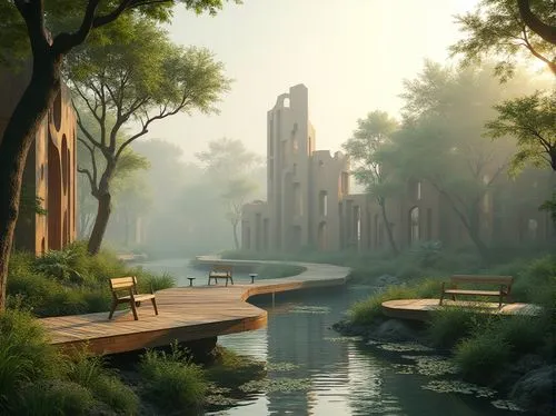 fantasy landscape,streamwood,riverwood,myst,environments,futuristic landscape,ecotopia,riftwar,ancient city,riverlands,morrowind,riverside,wetlands,virtual landscape,unbuilt,citadels,urban park,theed,netherwood,riverbank,Photography,General,Realistic