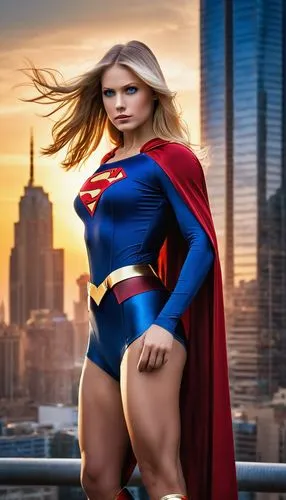 Supergirl, superhero costume, blue and red bodysuit, golden belt, cape flowing behind, long blonde hair, bright blue eyes, determined facial expression, standing heroically, cityscape in background, s