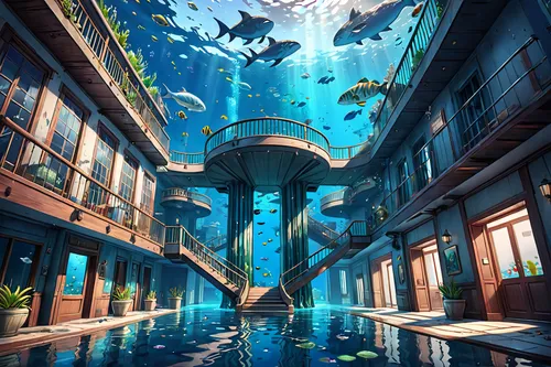 aqua studio,aquarium,underwater playground,aquariums,underwater oasis,atlantis,house of the sea,acquarium,underwater background,diamond lagoon,aquatic,underwater world,dolphinarium,ocean paradise,marine tank,underwater landscape,aquatic life,aquarium decor,lagoon,aquaculture,Anime,Anime,General